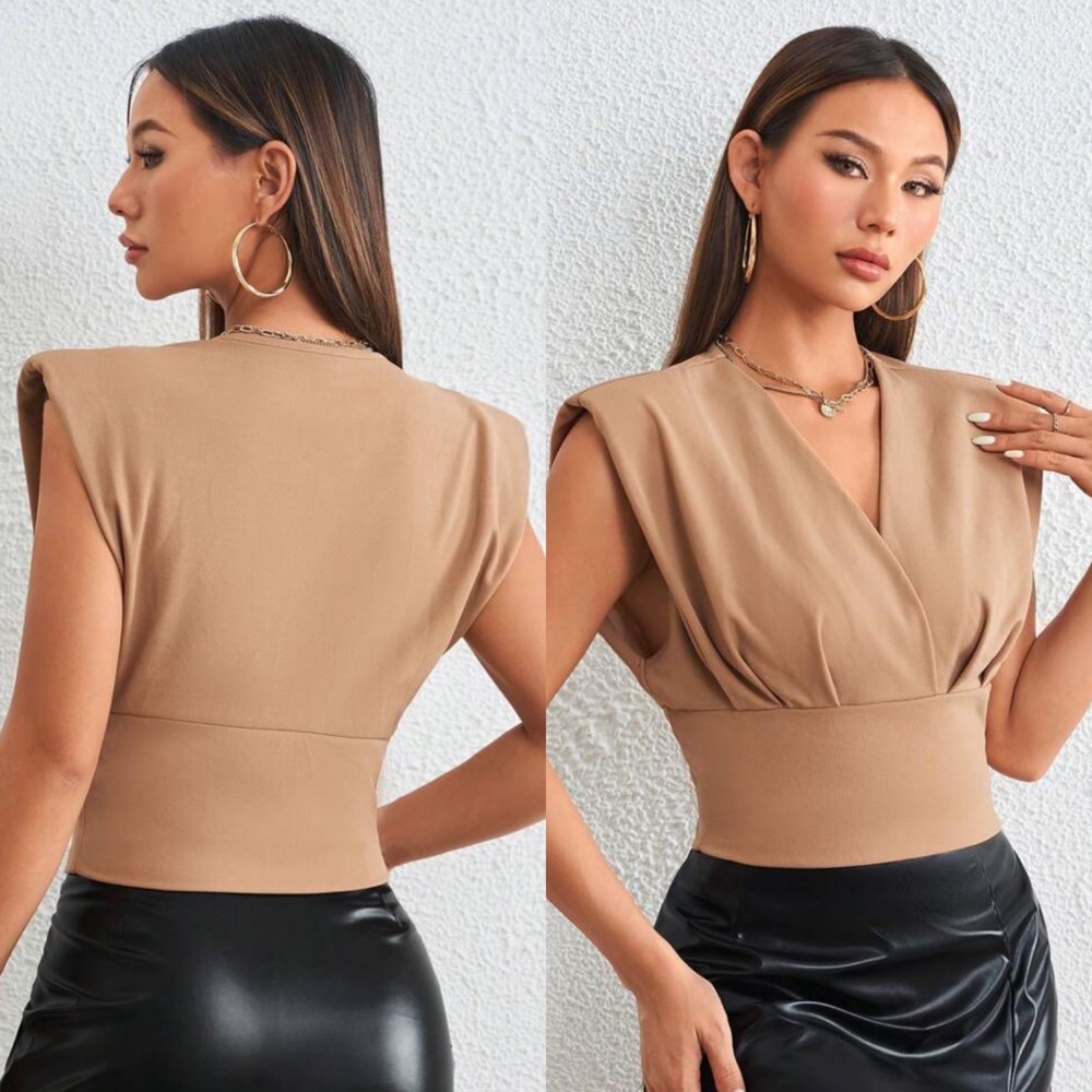 Shoulder padded tan ruched shirt sleeve top v neck top
